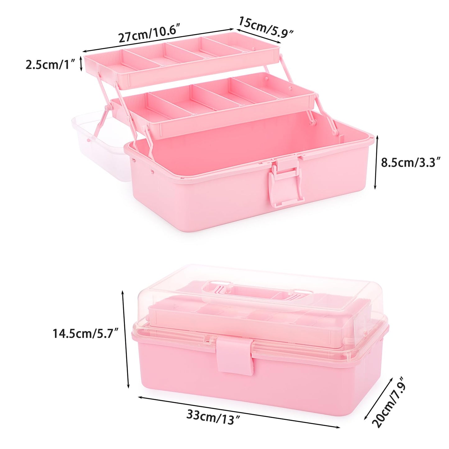 BTSKY 3-Layer Plastic Dividing Storage Box Craft Organizer and Storage with Adjustable Spacers Portable Handled Art Supply Organizer Multipurpose Home Utility Box Organizer (Pink)