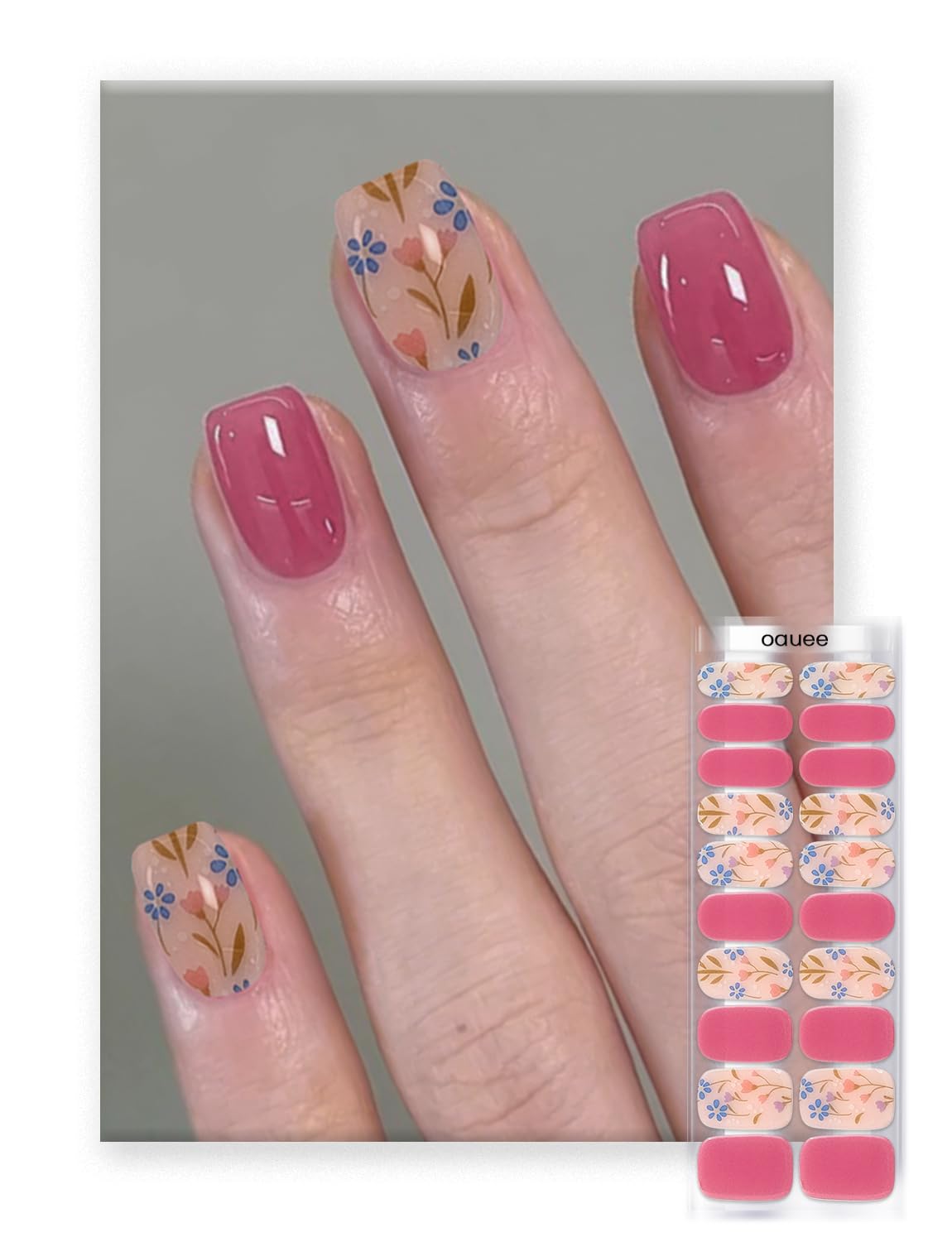 Oauee Semi Cured Gel Nail Strips | Built-In Gel Top Coat | UV Light Required | Salon Quality, Easy Application And Removal (Muted Purple Flower)