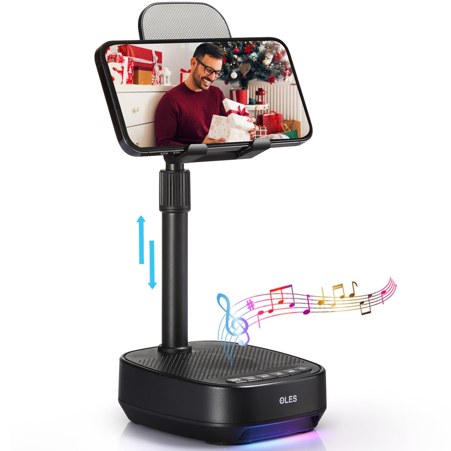 OLES Gifts for Men Women, Adjustable Cell Phone Stand with Wireless Bluetooth Speaker(7-11''Height), Unique Birthday Gifts for Dad Mom Him, Phone Holder Led Color Light for iPhone/Android/Tablets