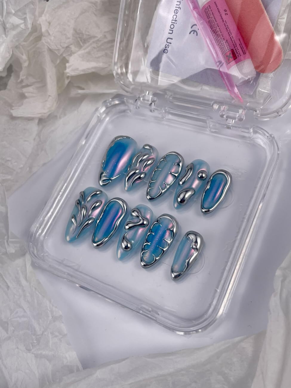 RDNTBEU Press on Nails Blue Ombre Medium Almond 3D Fake Nails Reusable Luxury Handmade False Nails with Design Solid Chrome,Press ons Muti-Layer Gel Handmade Nails for Wome Manicure(Size L)