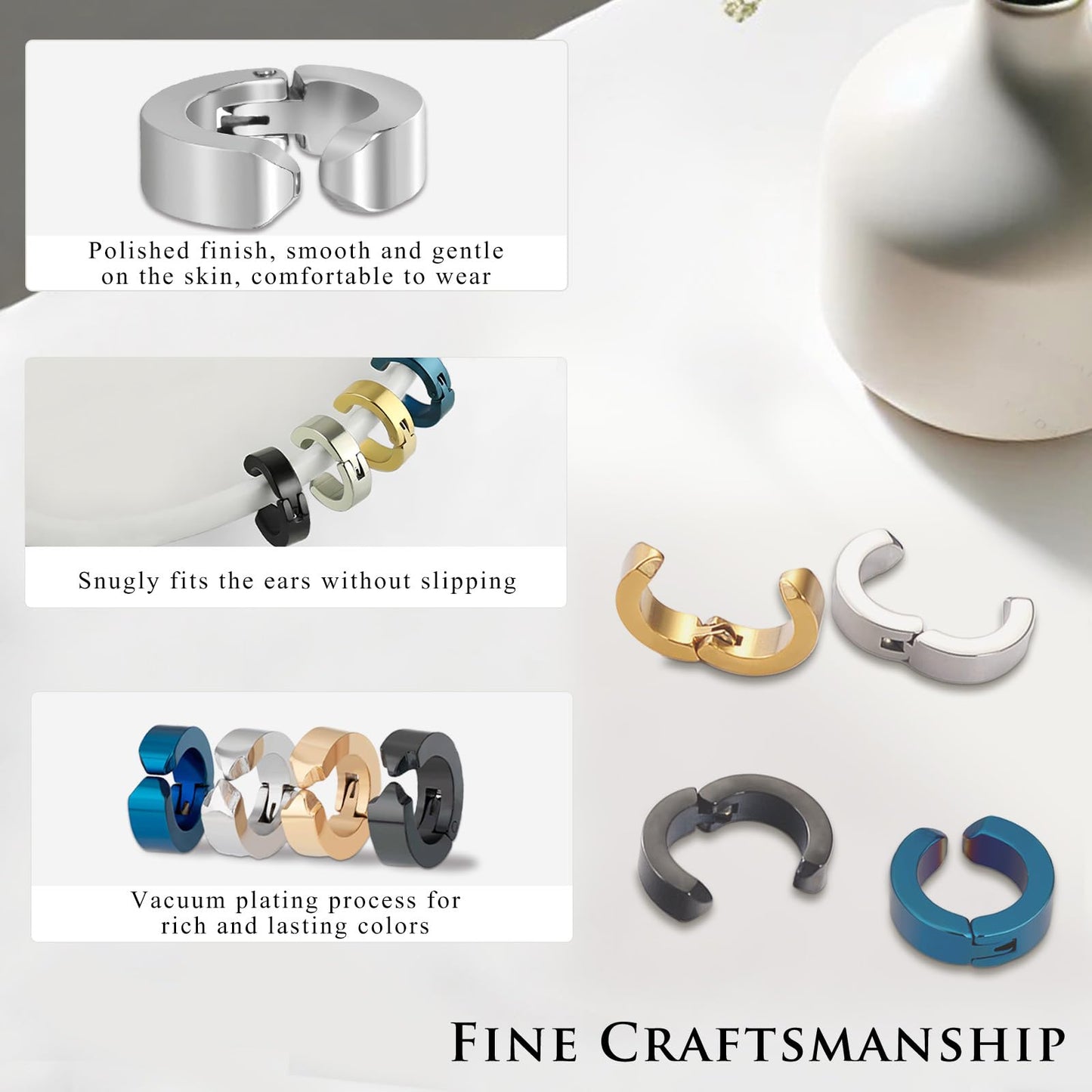 Tienyuu 8-Piece Non-Piercing Ear Clips – Stainless Steel Fake Ear Hoops for Men and Women, 4 Colors