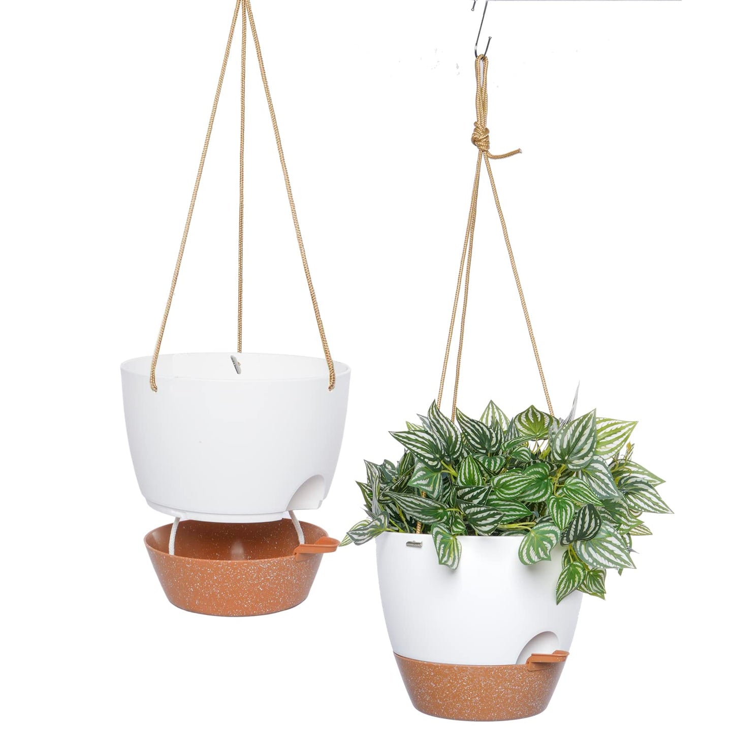SwinDuck 8 inch Hanging Planters, 2 Pack Self Watering Hanging Pots with 20oZ Deep Reservoir for Indoor Outdoor Plants Flowers, White with Brown