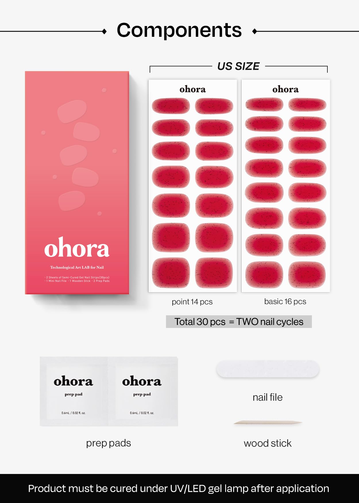 ohora Semi Cured Gel Nail Strips (N Jelly Berry) - Works with Any Lamps, Salon-Quality, Long Lasting, Easy to Apply & Remove - Includes 2 Prep Pads, Nail File & Wooden Stick