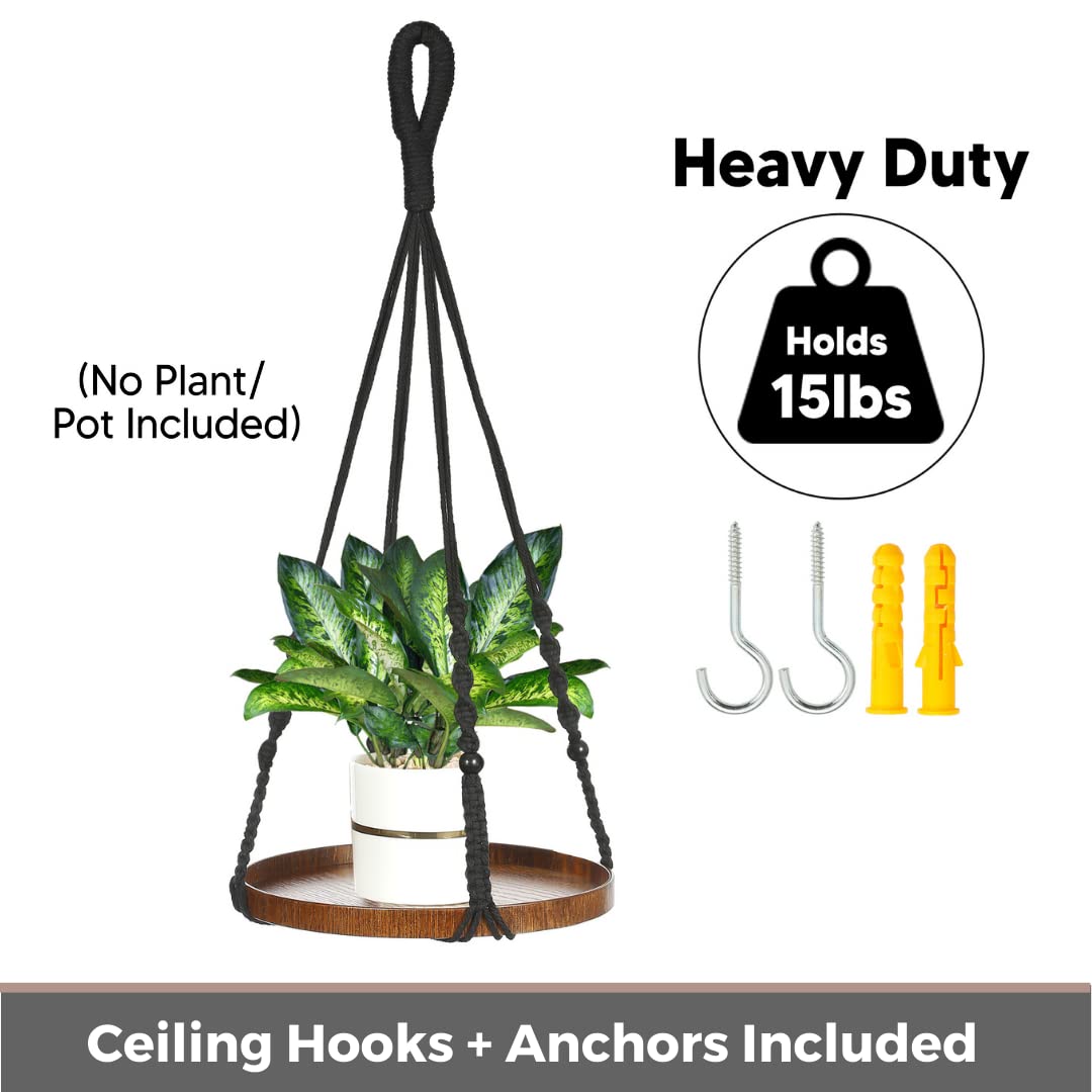 Shineloha 2 Pack Macrame Plant Hanger | Plant Hanger Indoor, Hanging Planter Shelf | Hanging Planter (Black) (1 Large + 1 Medium)