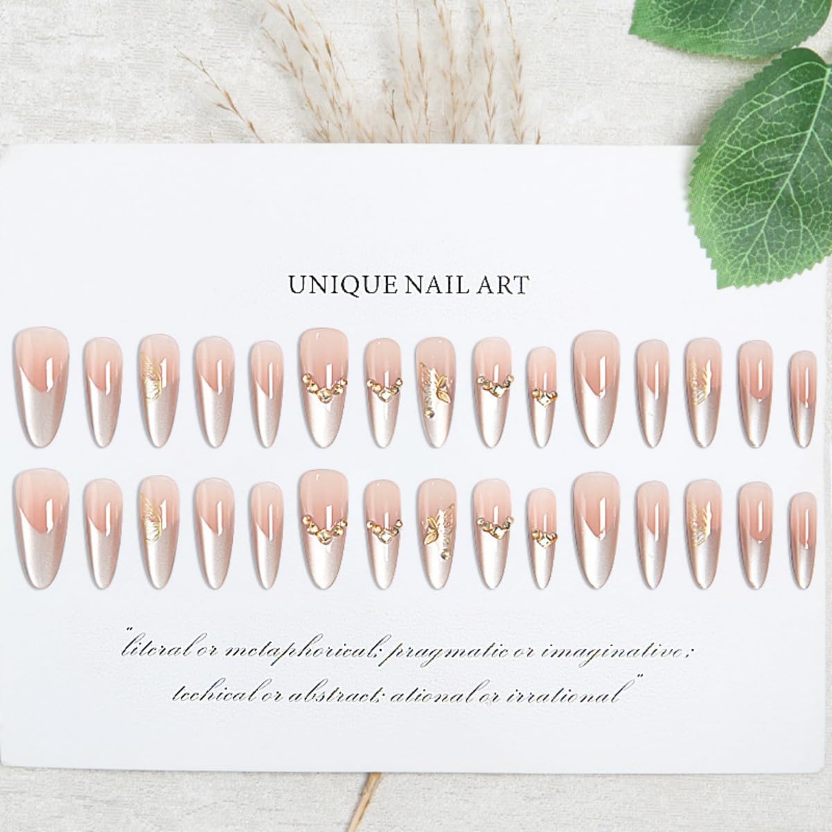 Silver French Tip Press on Nails Long Almond, Nude Fake Nails with Glue Gold Butterfly Diamond Rhinestones False Nails for Women DIY Manicure Decoration, 30PCS Reusable Artificial Nails