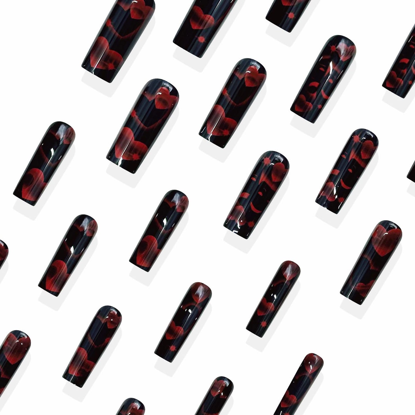 MISUD Press on Nails - Long Square Fake Nails with Goth Red Black, Acrylic Heart Mask Design 24 pcs