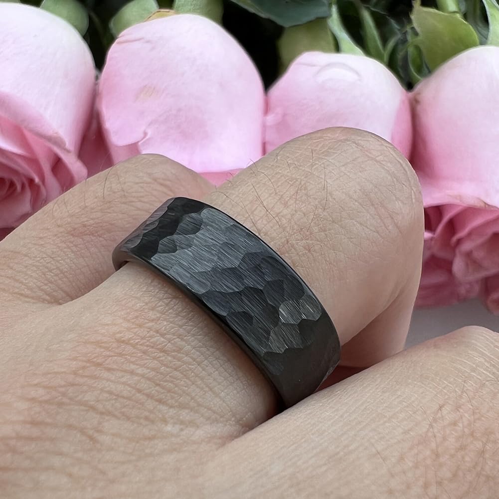 TUTISS 8mm Black Hammered Tungsten Rings for Men Women Fashion Engagement Wedding Bands Pipe Cut Matte Finish Comfort Fit Size 10
