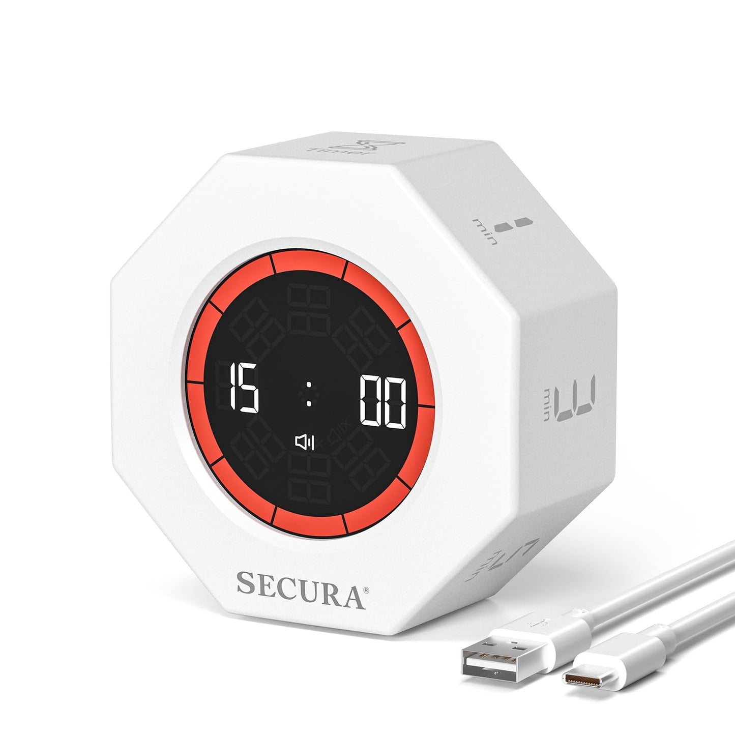 Secura Pomodoro Timer, Rotating Cube Time Tracker, Flip Gravity Sensor with 7 Presets(1/3/5/10/15/30/60 Min), Visual Progress Bar for ADHD, Kids, Tasks, Work, Study (White)