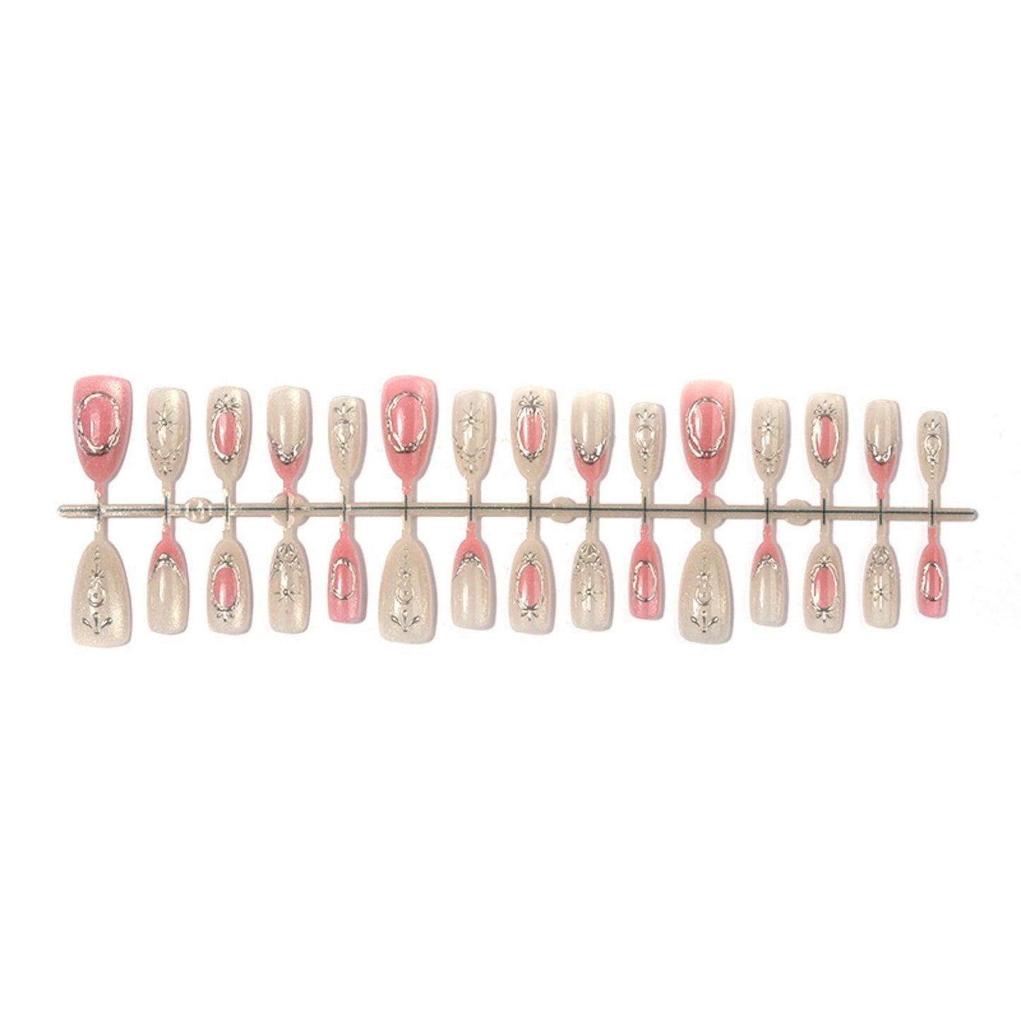 Almond Press on Nails Long Fake Nails Pink Acrylic Nail Press ons SEENEEY Silver Charm Designs Cat eye Stick on Nail for Women 24pcs