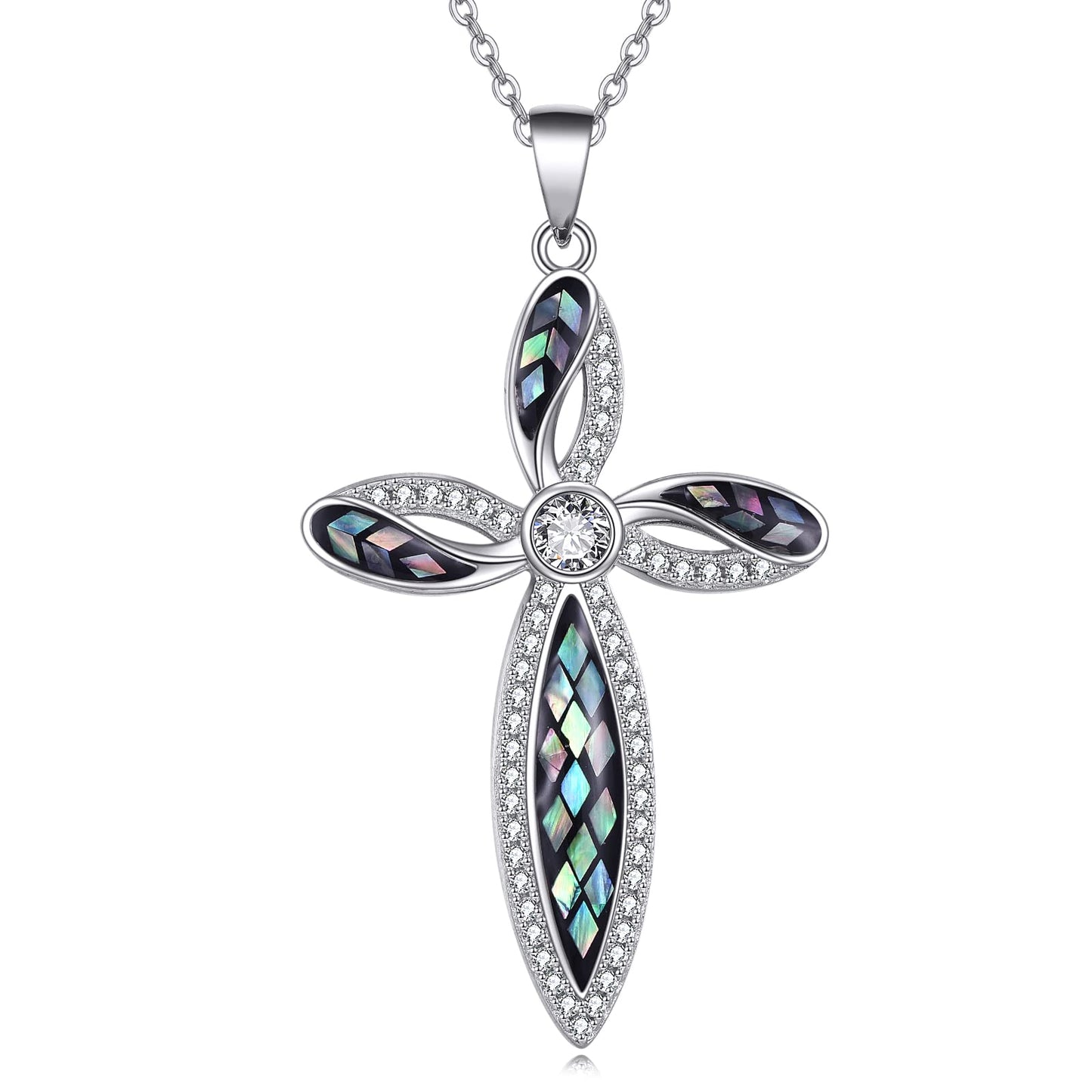 ONEFINITY Religious Cross Pendant Necklace 925 Sterling Silver Abalone Shell Cross Pendant Gifts for Women Jewellery