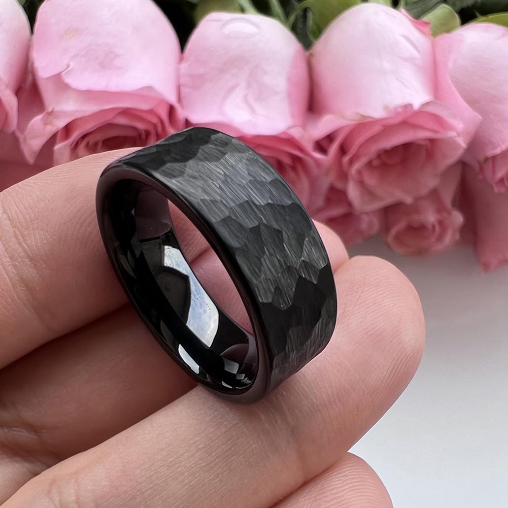 TUTISS 8mm Black Hammered Tungsten Rings for Men Women Fashion Engagement Wedding Bands Pipe Cut Matte Finish Comfort Fit Size 10
