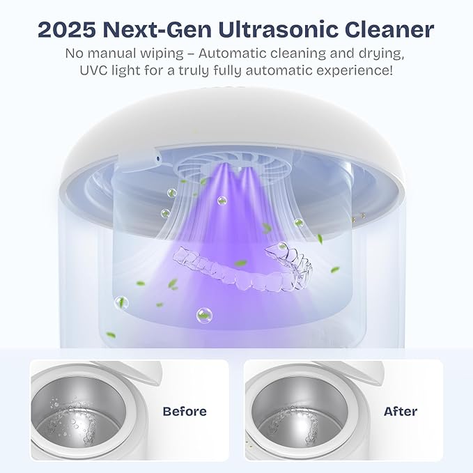 2025 Ultrasonic Retainer Cleaner- 45KHz 25W Portable Denture Cleaner with Drying Function and Removable Inner for Dentures, Mouth Guards, Aligners, Jewelry and More