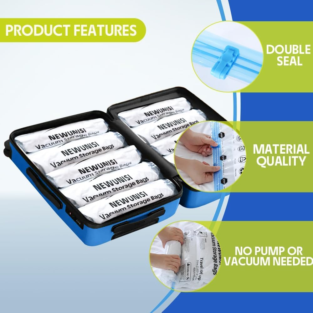 12 Pack Vacuum Storage Bags, Compression Bags for Travel, Roll Up Reusable Travel Space Saver for Luggage, Camping, and Storage (No Vacuum or Pump Needed).