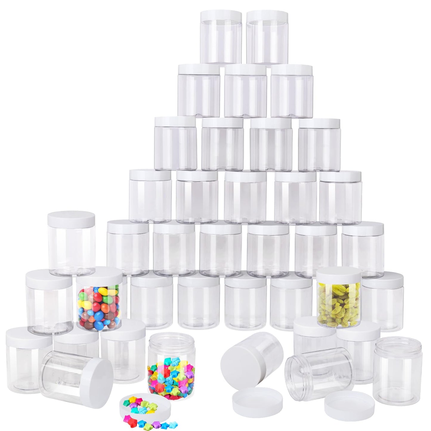 IHDYPPEW 48 Pack 8 OZ Clear Plastic Jars with White Lids, Empty Plastic Mason Jars, Plastic Cosmetic Jars with Lids for Cream, Body Butters, Moisturizers, Candy, Beads, Samples (Clear)