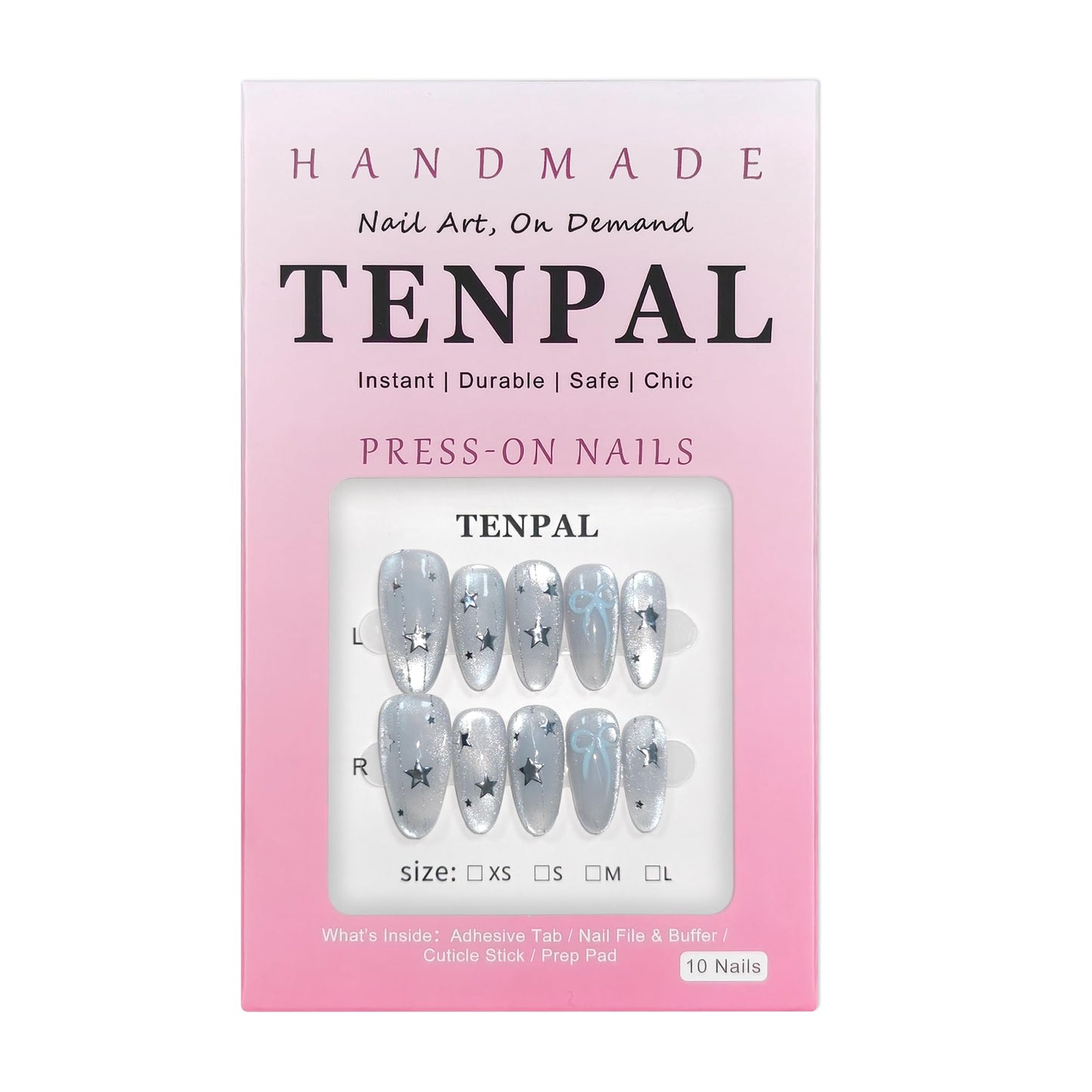 TENPAL Icy Blue Glass Bead Cat Eye Press on Nails Medium Oval with Starlight Bow, Blushing Ombre & Handmade, Reusable Sheer Celestial False Nails for Daily Aura(XS)