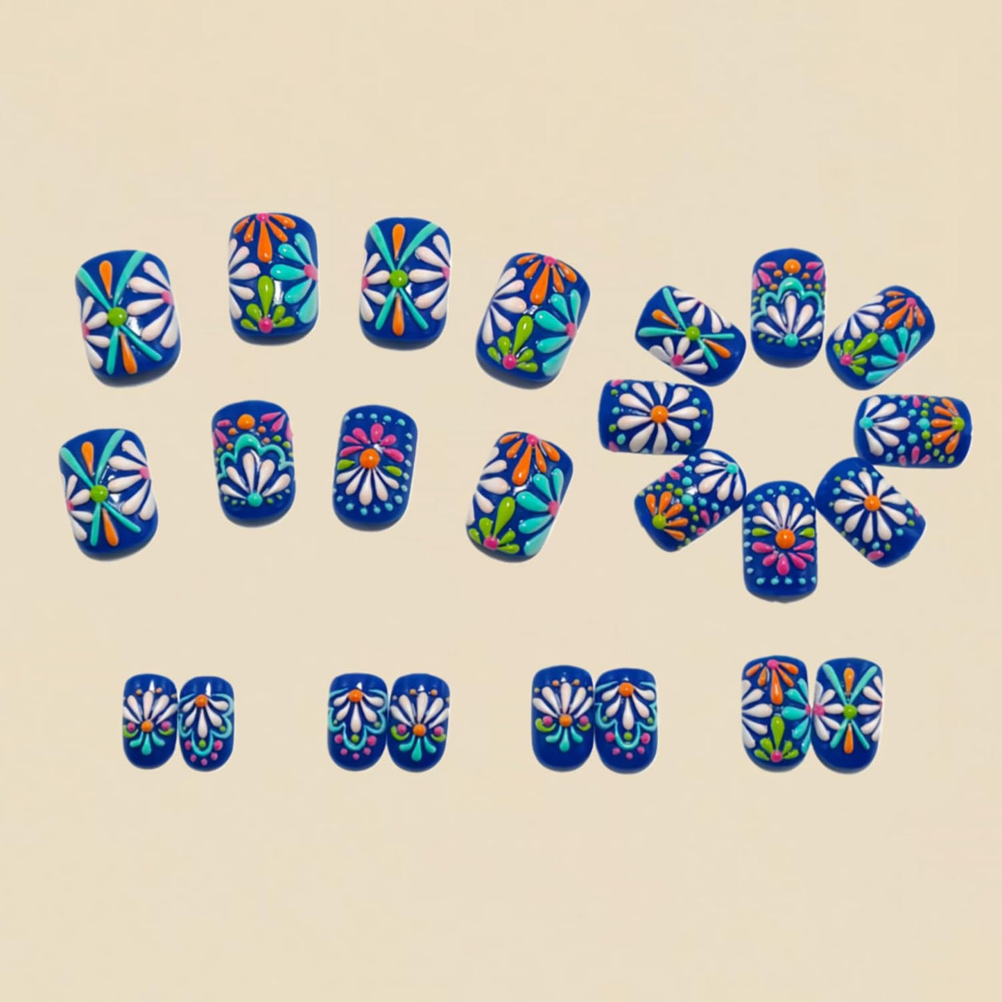3D Flower Press on Nails Short Square Fake Nails with White Daisy Designs Blue False Nail Spring Summer Floral Stick on Nail for Women 24Pcs