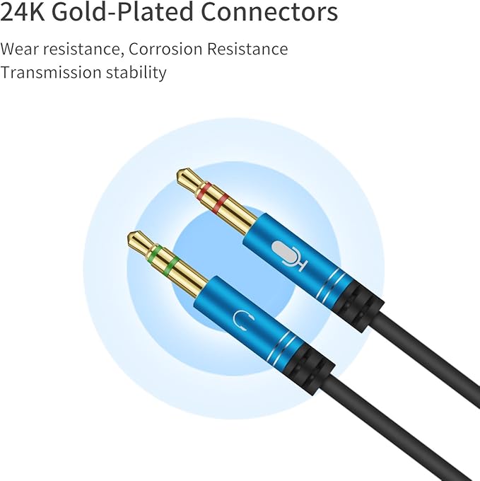 CANFON Headphone Splitter for Computer 3.5mm Female to 2 Dual 3.5mm Male Headphone Mic Audio Y Splitter Cable Smartphone Headset to PC Adapter (35CM, Blue)