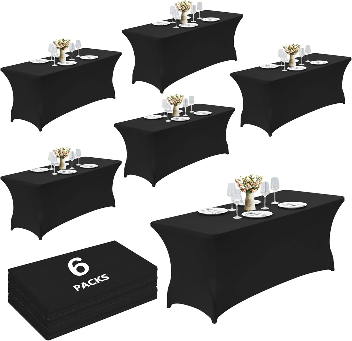 Craft And Party 6 Pack 8ft Black Spandex Tablecloth – Fitted Stretch Cover – Universal Fit for Folding Tables – Wrinkle-Free, Washable – Ideal for Parties, Weddings, Events