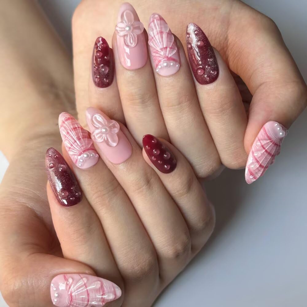 10 Pcs Press on Nails Medium Almond Fake Nails, 3D Pink Shell Design Full Cover Stick on Nails, Handmade Artificial Acrylic Nails with Nails File Set (Size M)