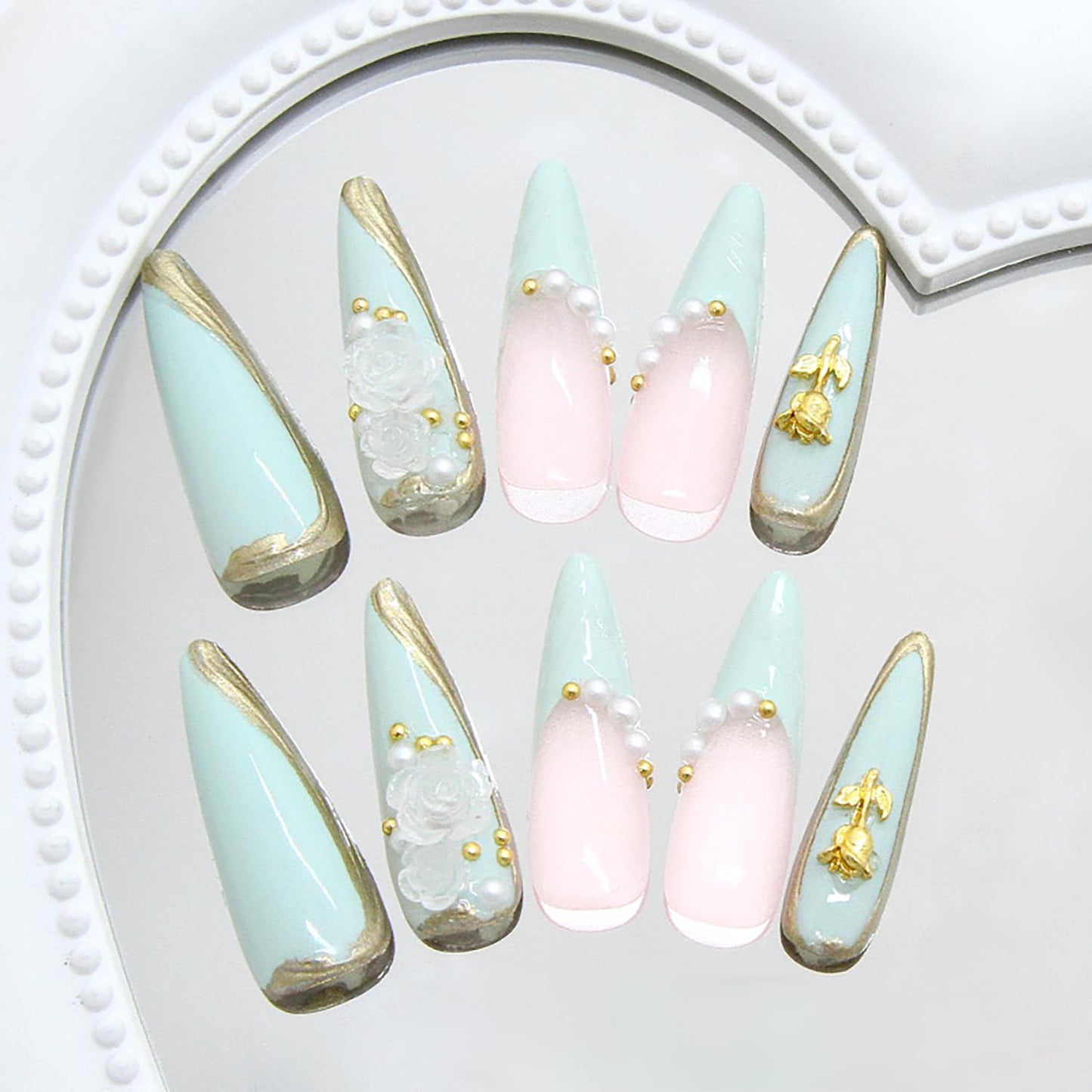 CJDLTS 24Pcs Green French Tip Press on Nails Long Length Gold Rose Flower and Pearl Design 3D Acrylic False Nail Full Cover Artificial Stick on Nails Almond Saped Press Ons Glue on Nails for Women
