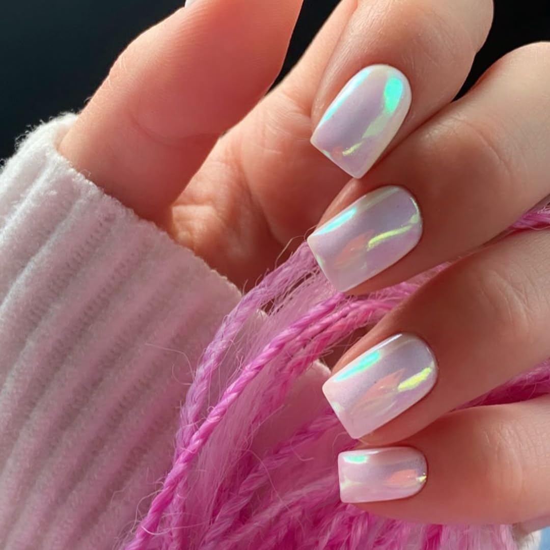 Chrome White Square Press on Nails Short,KQueenest Mirror Metal Plating False Acrylic Nails Press Ons,Natural Fit Glue on Nails Short Coffin,UV Cover Glossy Stick on Nails for Women in 24 PCS