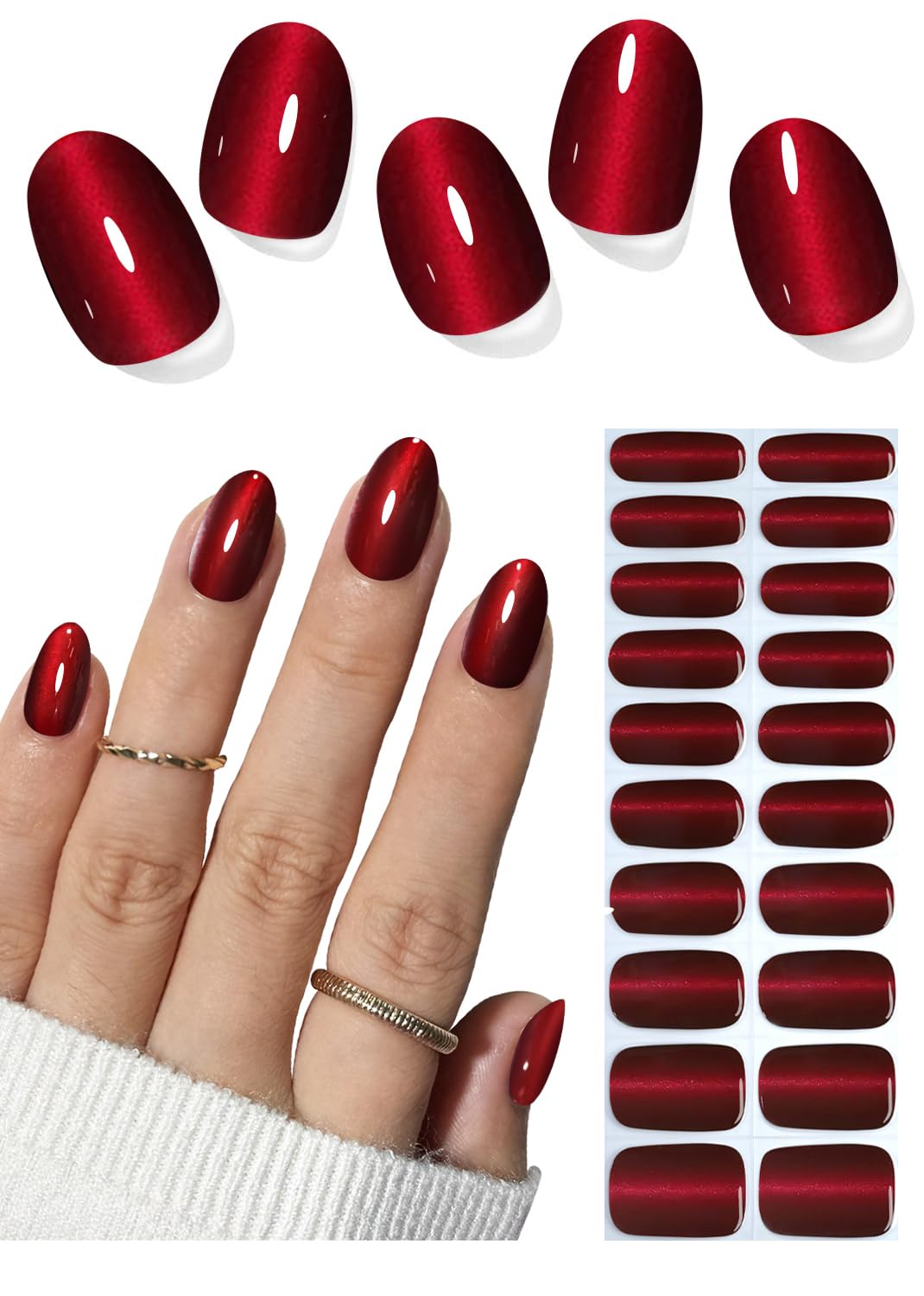Semi Cured Gel Nail Strips, Burgundy Cat Eye 20pcs Adhesive UV Sticker, Wraps for Home Manicure DIY