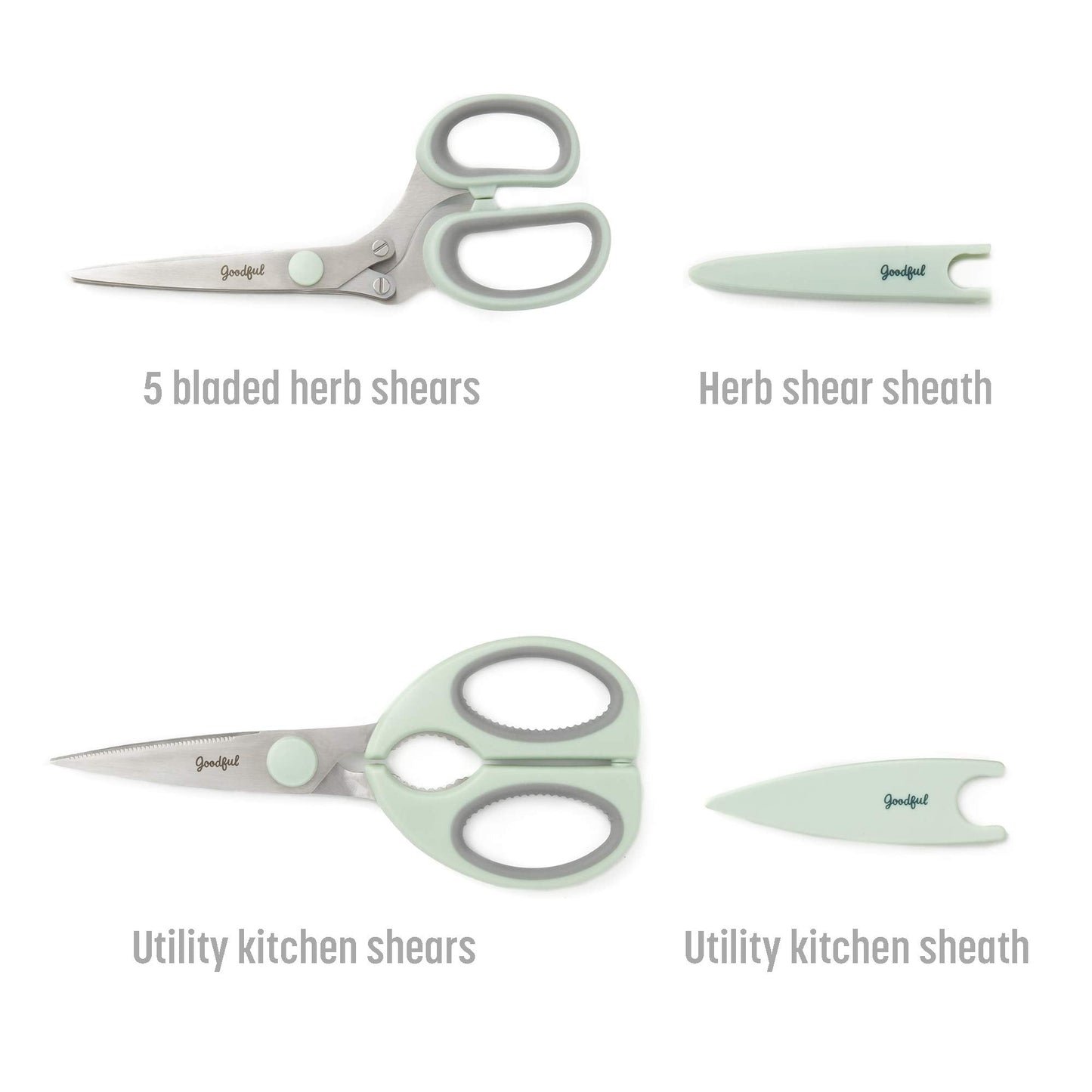 Goodful Utility Kitchen Shear and 5-Blade Herb Shear Set, Premium Stainless Steel Blades with Protective Guards, Comfort Grip Handles, Built-in Herb Shear Cleaning Comb, 2-Piece Set, Sage Green