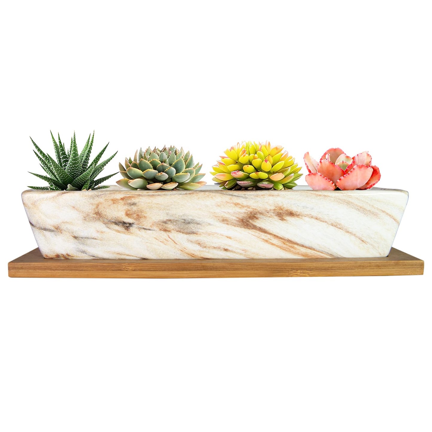 ARTKETTY Succulent Pots, 9.8 Inch Ceramic Succulent Planters with Drainage Small Bonsai Pot with Bamboo Tray, Mini Cactus Flower Planter Pot Shallow Rectangular Window Planters for Indoor Plants