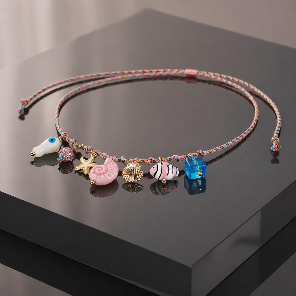Tyebiva Cute Ocean Pendants Braided Colorful Rope Necklace for Women, Summer Beach Boho Adjustable String Choker with Starfish Fish Shell Conch Charm Holiday Vacation Jewelry Gift