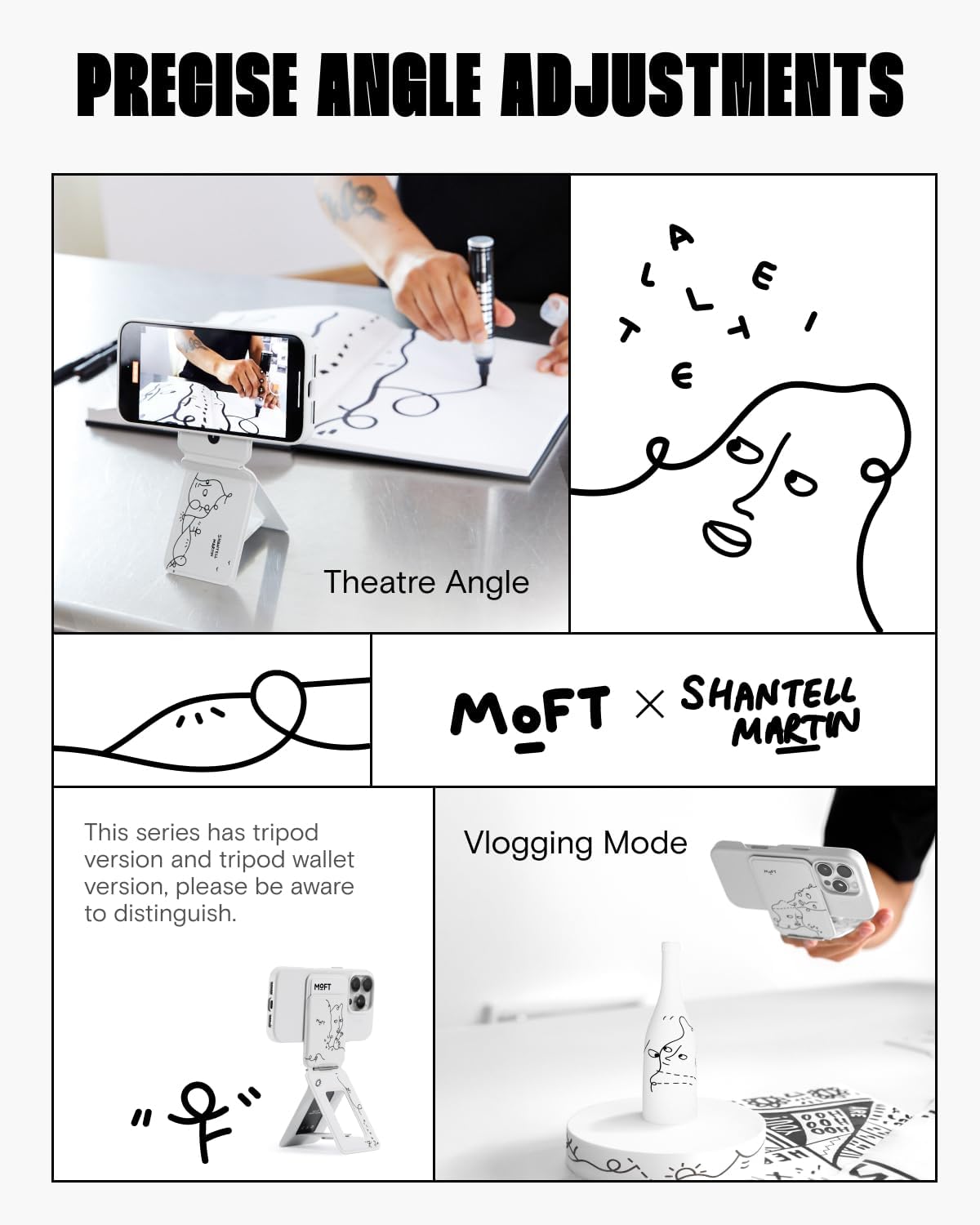 MOFT x Shantell Martin Phone Tripod Stand Selfie Stick for iPhone, Multi-Angles iPhone Stand, Lightweight & Portable Phone Holder, Strong Magnets, MOVAS Vegan Leather, Misty Cove (Without Card Slot)