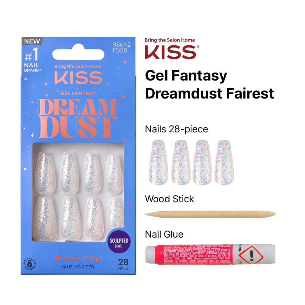 KISS False Nails Kit, Dreamdust Ready to Wear Gel Sculpted Nails, Stick and Glue Included, Long Length, Coffin Shape with White Glitter Effect, Long-Lasting Hottest Trend Glue on Nails
