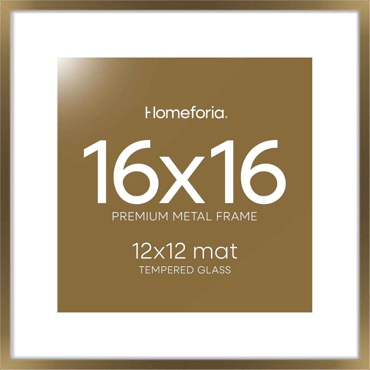 Homeforia 16x16 Picture Bronze Frame, High End Metal 16 x 16 Square Poster Frame with Mat 12 x 12 Photo, 16x16 Brass Frame Matted to 12x12 Print, 16by16 Thin Frames, Tempered Glass, Wall Kit, Set of 1