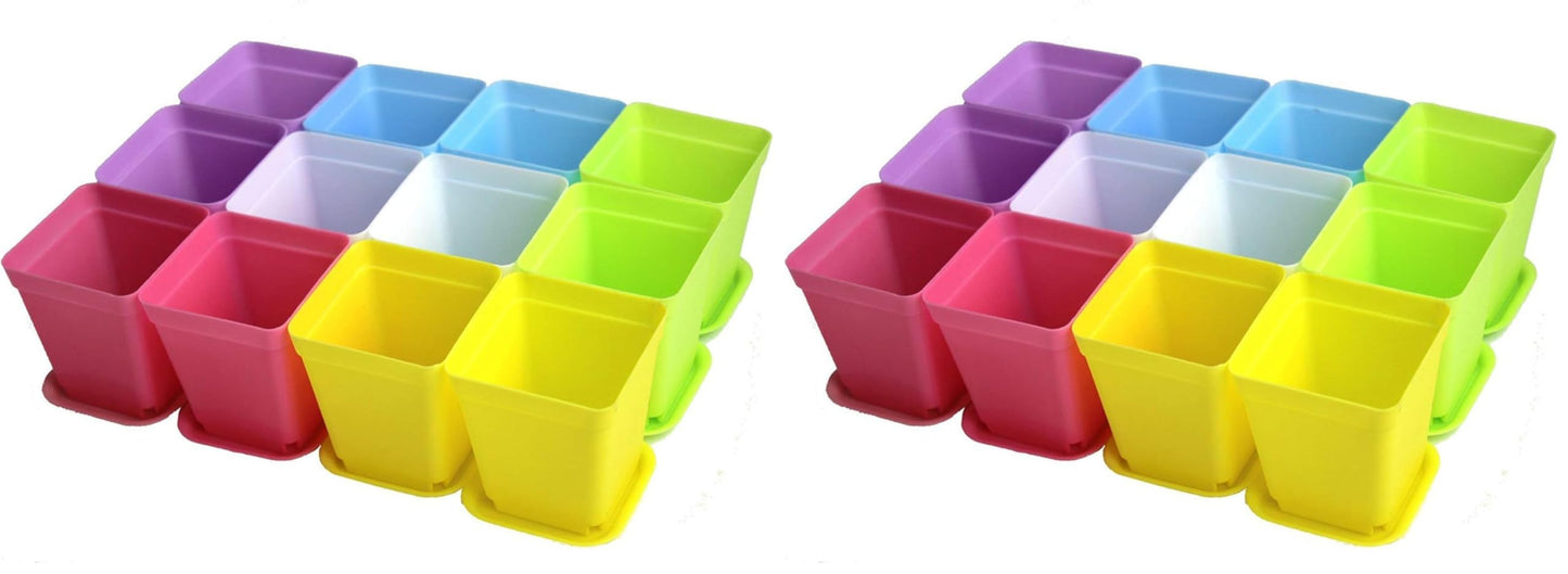 WARMBUY Colorful Plastic Flower Pots with Saucers for Small Plants, Set of 12 (Pack of 2)