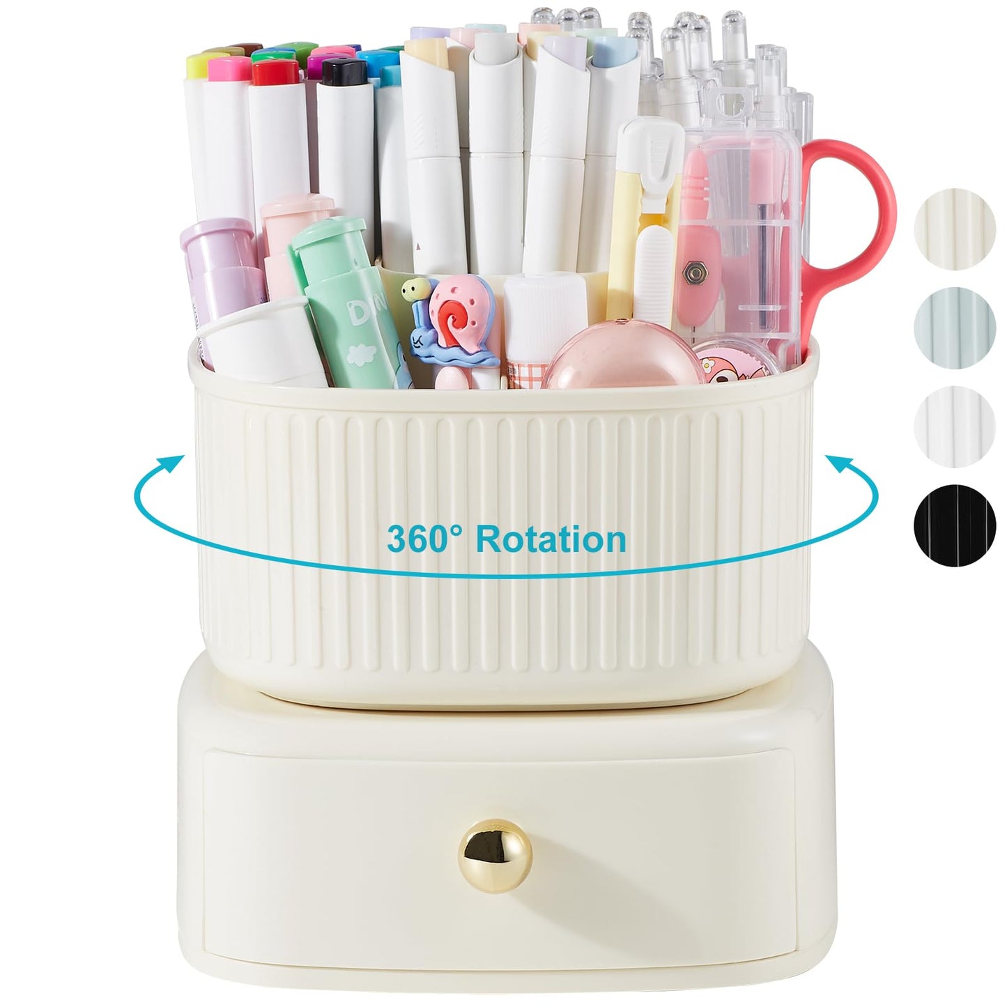 Lolocor 360 Degree Rotatable Pen Holder with Drawer, 5 Slots Office Desk Organizer Pen Holder for Desk Multi-Functional Pencil Box Desktop Stationary Organizer for Office School Home Beige