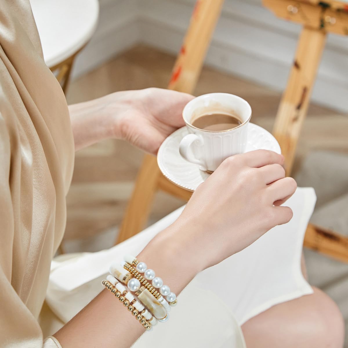 GOOJIDS Simple Beaded Gold Plated Bangles Bracelet Chunky Bamboo Tube Curved Stacking Clear Acrylic Colorful Beads Stretchable Gold Plated Bracelets Set For Women