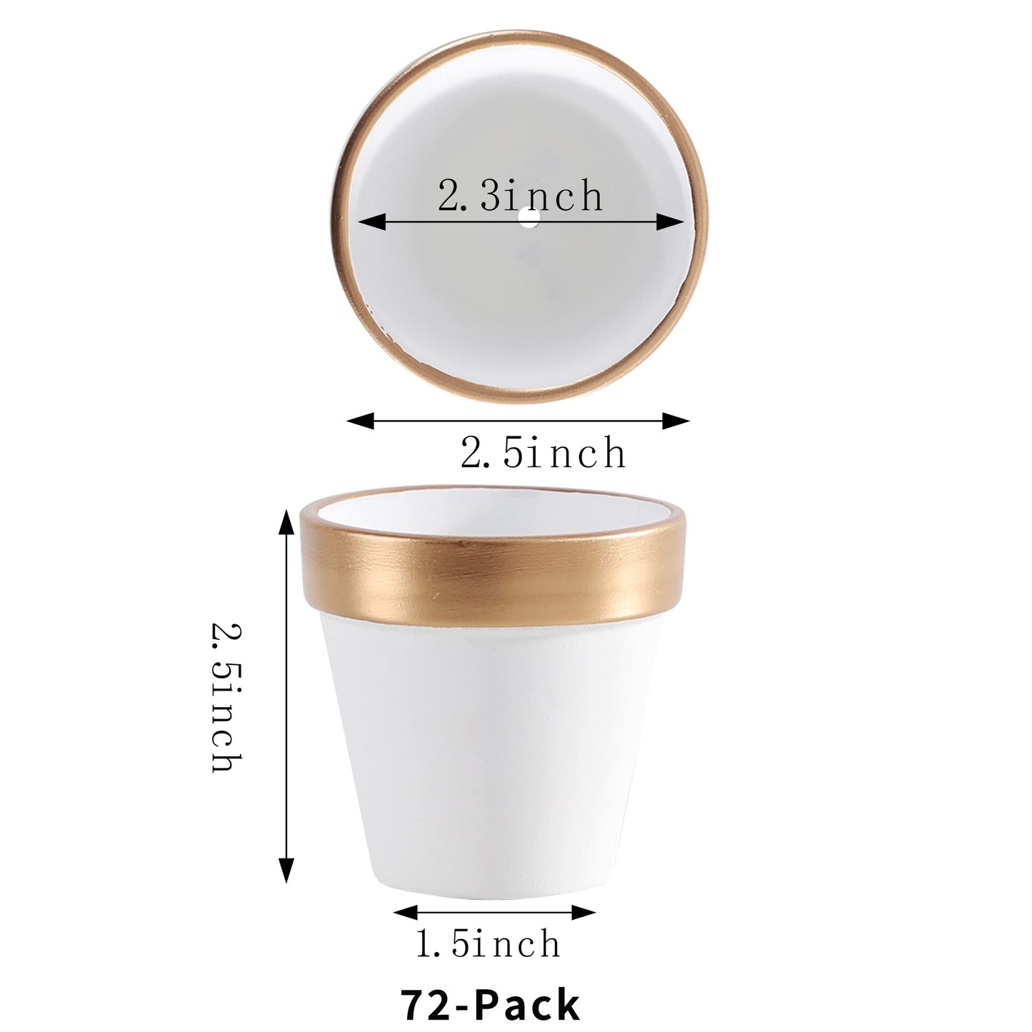 Yishang 72 pcs Small Mini White&Gold Clay Pots, 2.5'' Terracotta Pot Clay Ceramic Pottery Planter,Cactus Flower Terra Cotta Pots,Succulents Nursery Pots,with Drainage Hole,for Crafts,Wedding Favor