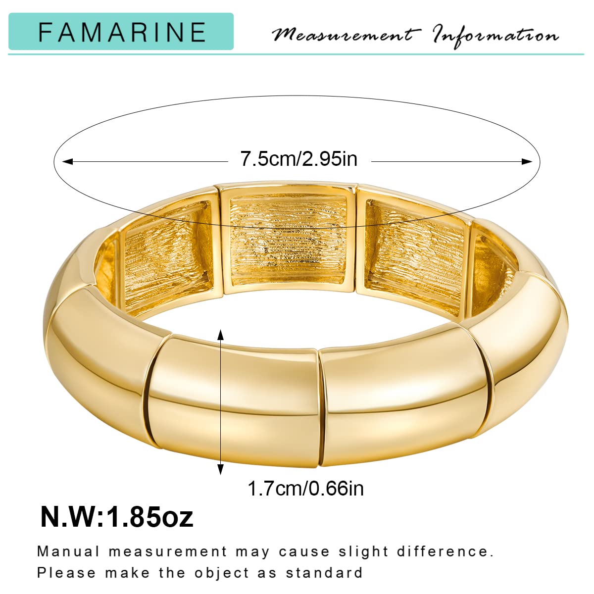FAMARINE Bangle Bracelets for Women, Big Charms Wide Chunky Thick Stretch Bangle, 14K Gold Plated