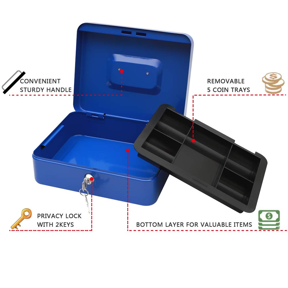 KYODOLED Large Lock Box with Money Tray,Storage Cash Box with Lock,Safe Metal Box for Money,9.84"x 7.87"x 3.54" Blue Large
