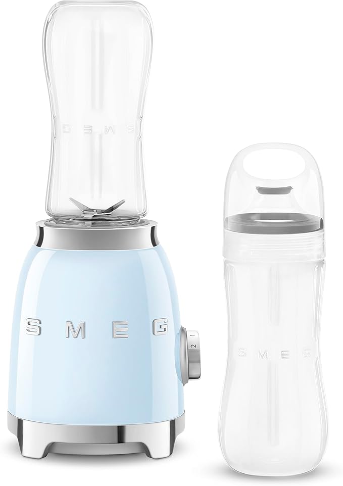SMEG 50's Retro Style Personal Blender with Backlit Knob and Two 600 ML BPA Free bottles PBF01PBUS Pastel Blue