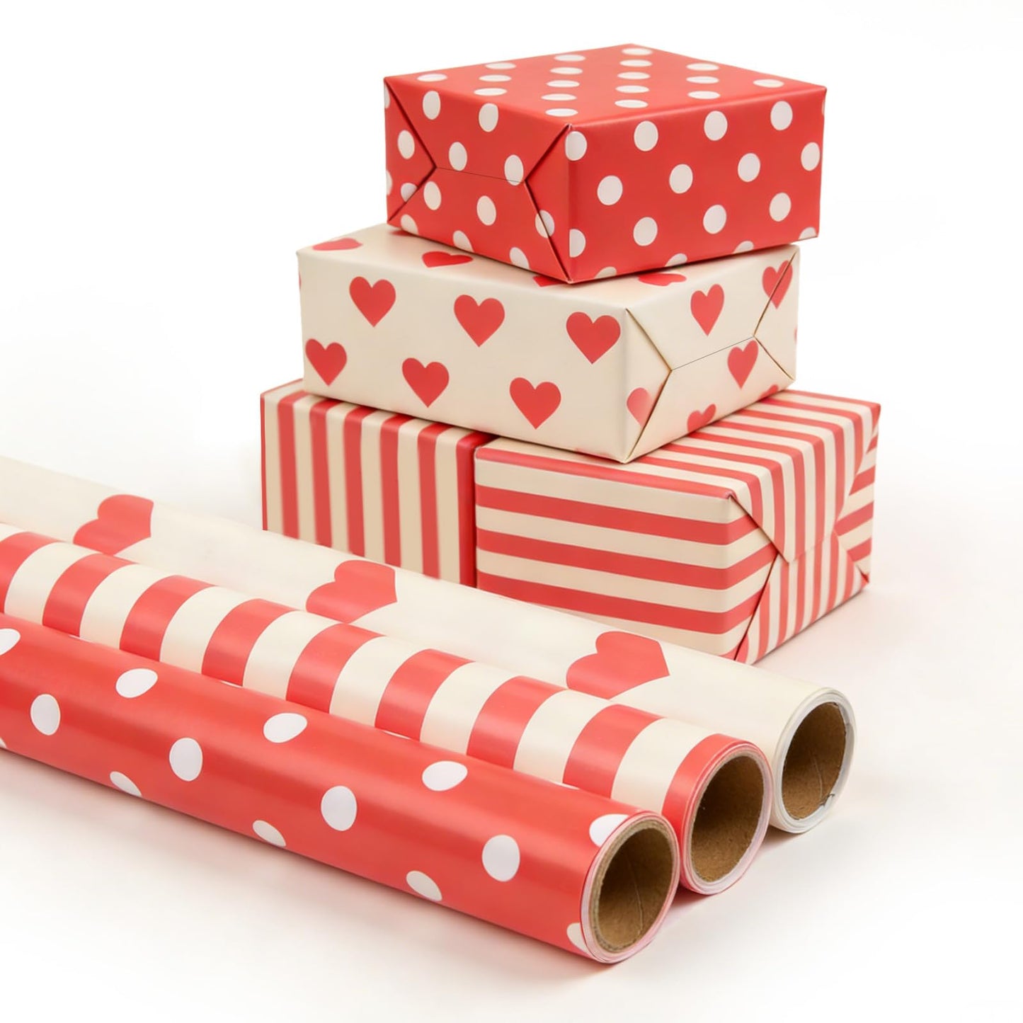 Gift Wrapping Paper, 3PC Gift Wrap Set with Hearts, Stripes, and Polka Dots, 17 x 200 inch Each, Elegant Red and White Designs for Wedding, Anniversary, Bridal or Baby Shower Mothers day Gifts