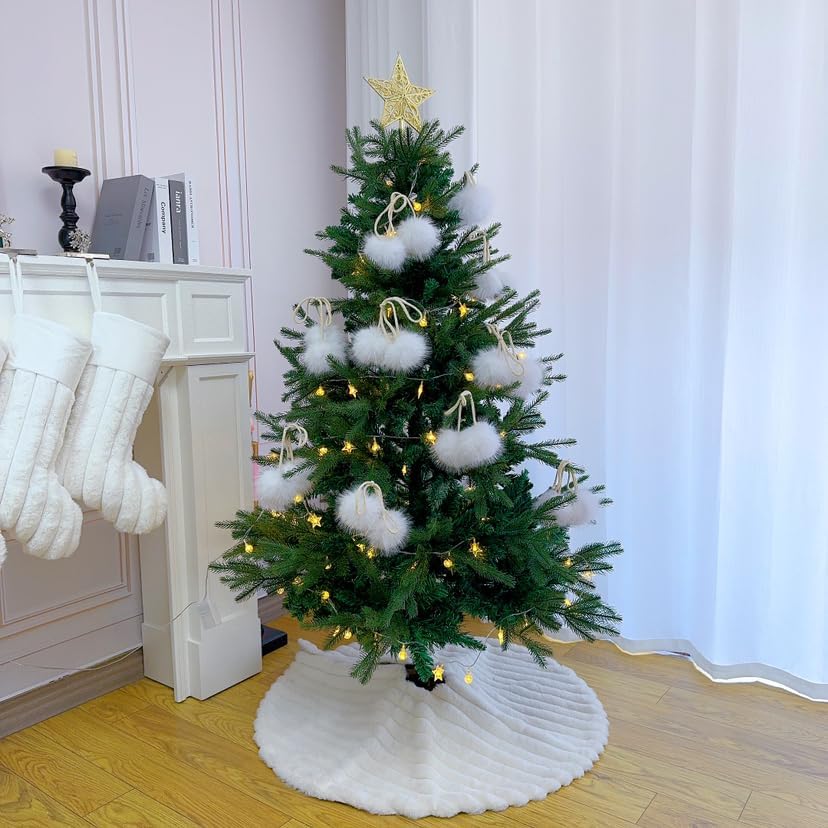 Faux Fur Christmas Tree Skirts, 36 inches Plush Fluffy Christmas Tree Skirt with Stripe Textured Pattern for Christmas Tree Decorations (90CM, White Stripe)