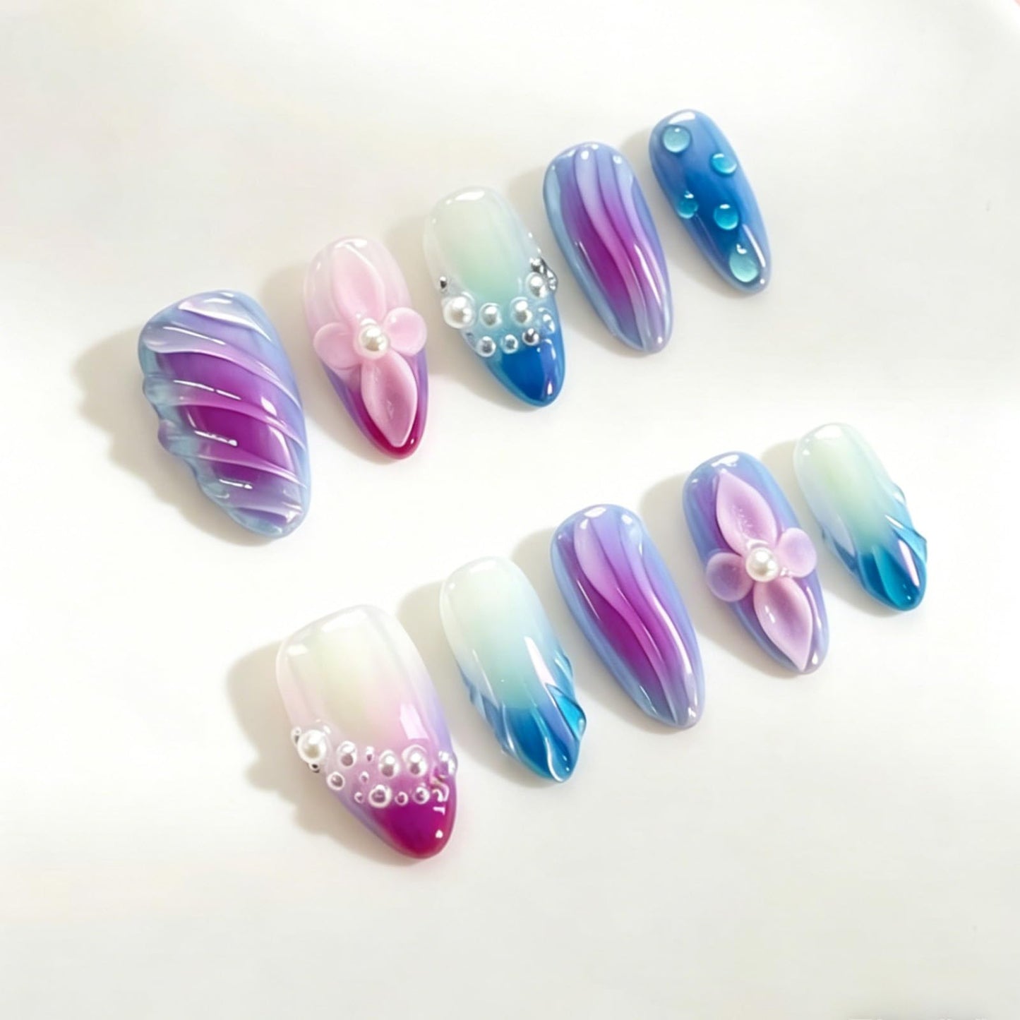 Almond Shape Handmade Press on Nails, Mermaid Tail Wave Texture 3D Floral Pearl Decor Aurora Gradient Luxury Party Style Reusable for Women 10 Pcs(Size M)