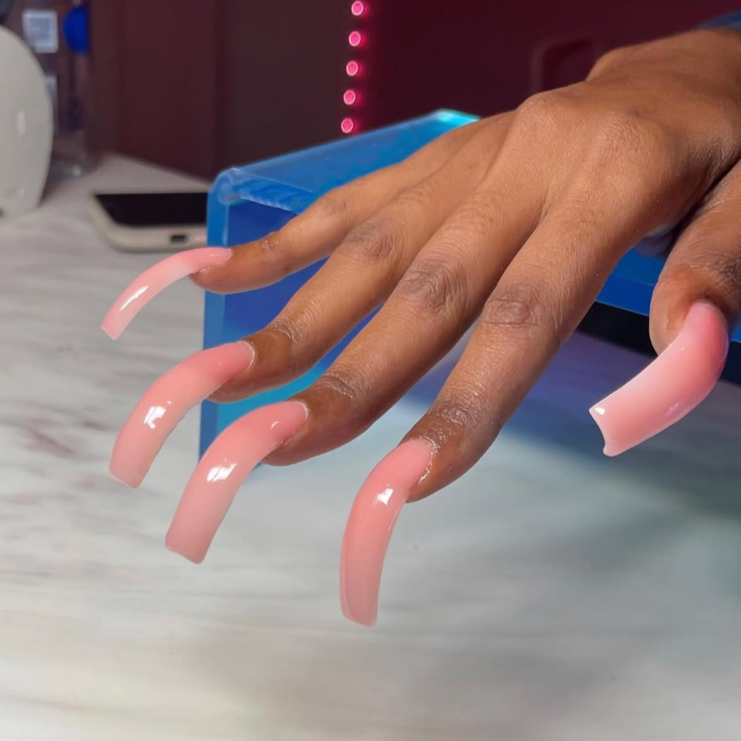 IMSOHOT Curved Press on Nails Long Square Fake Nails Glossy Nude False Nails Full Cover Glossy Acrylic Artificial Extra Long Stick on Nails for Women 24Pcs