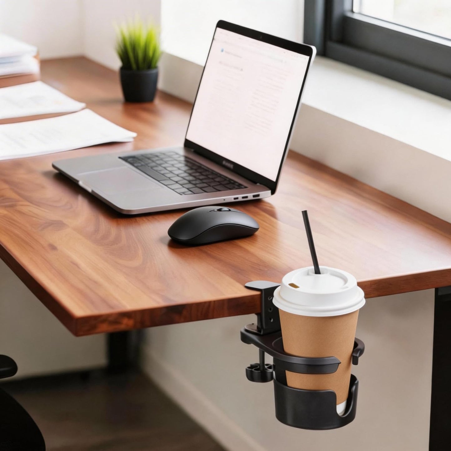 XULIONTS No Drill Desk Cup Holder Clamp, 360° Rotating Anti-Spill Table Cup Holder, Adjustable Clip on Cup Holder for Gaming Desk, Gamer Gift, Drink Holder for Coffee Cup, Office Accessories (Sleek)