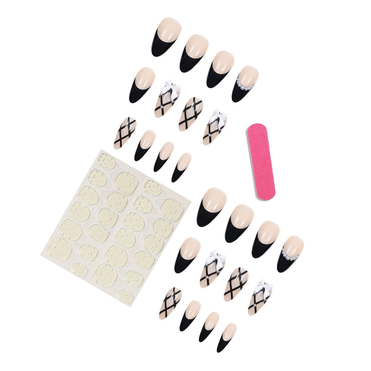octoswave Press on Nails Long Almond Fake Nails Black French Artificial Nail Bow and Sparkly Pearl Charm Stick on Nail for Women 24pcs