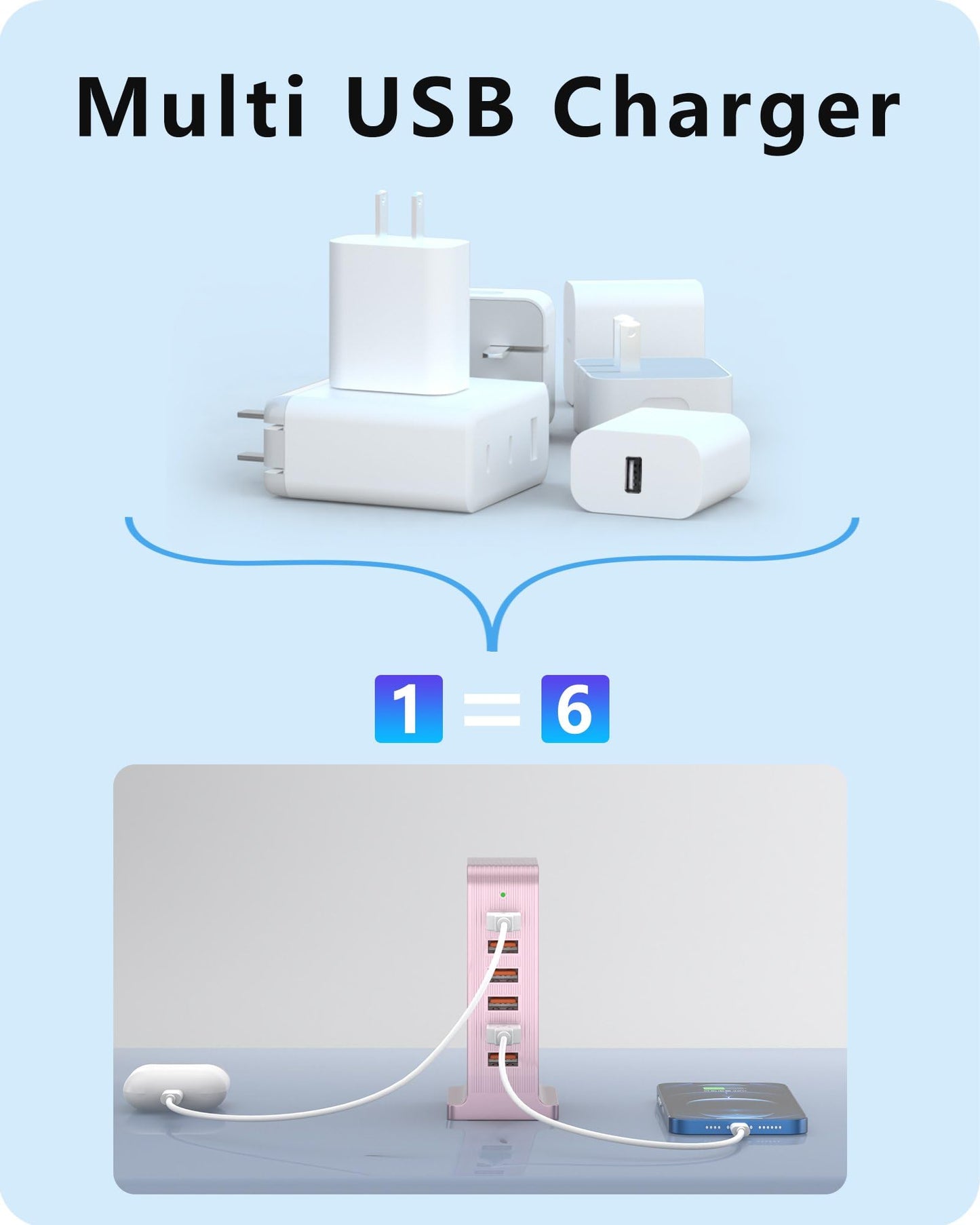 VPSUN Charging Station for Multiple Devices,VPSUN 50W USB Charger Tower,Multi 6 Port USB Charging Hub Compatible with iPhone 15/14/14 Pro/14 Pro Max/Android/Samsung/Tablet,etc(Pink, 50W)