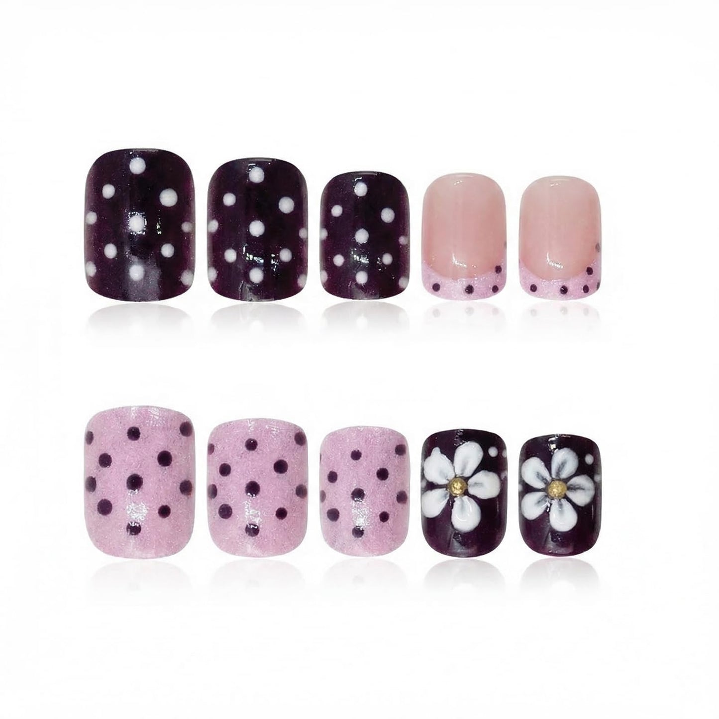 IMSOHOT 24Pcs Short Square Press on Nails - Glossy Pink and Black Polka Dot French Tip Fake Nails with 3D Flower Designs, Sweet Y2K Rhinestone Glue on Nails for Women