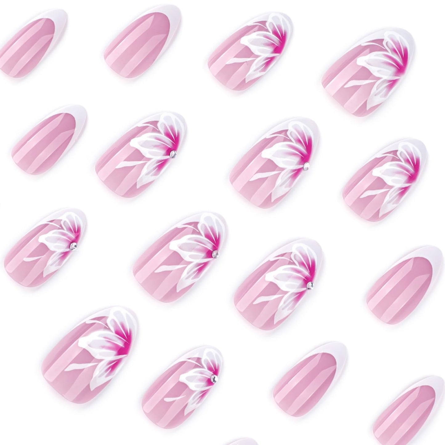 Almond Press on Nails Short Fake Nails French Tip False Nails Cute Artificial Nails with Pink Floral Designs Stick on Nails for Women 24pcs
