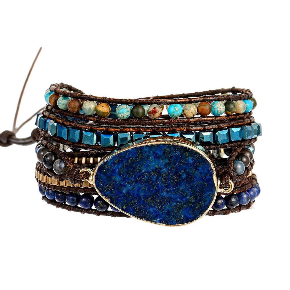 Plumiss Boho Bracelets Handmade Lapis Lazuli Stone Beaded Leather 5 Wrap Bracelet for Women Men Gift