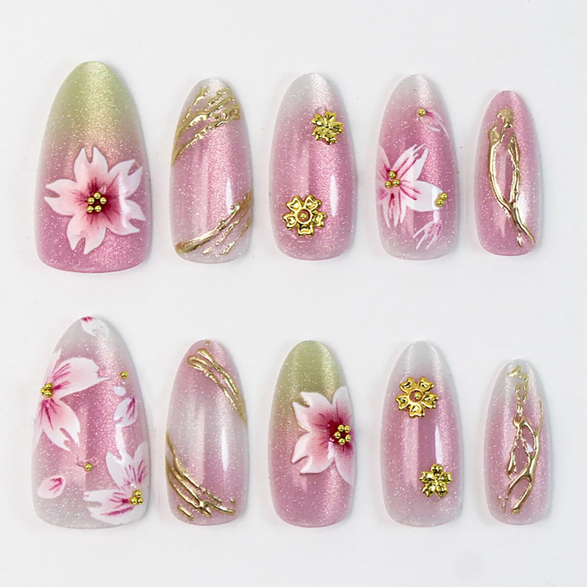 30Pcs Pink Flower Press on Nails Almond Medium Cherry Blossoms Fake Nails with 3D Flowers Gold Beads Design Cute Glue on Nails Spring Acrylic Nails Full Cover Peach Blossoms False Nails for Women
